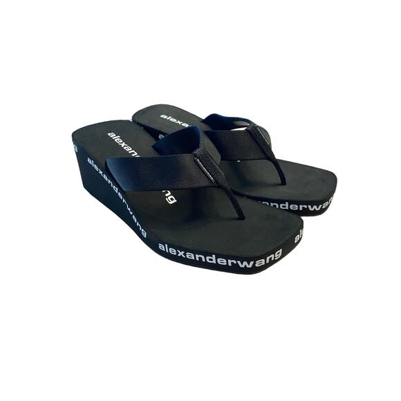 Alexander Wang Wedge Flip Flop Thong Sandals Logo Print Square Toe Black Size 37 - Picture 2 of 12